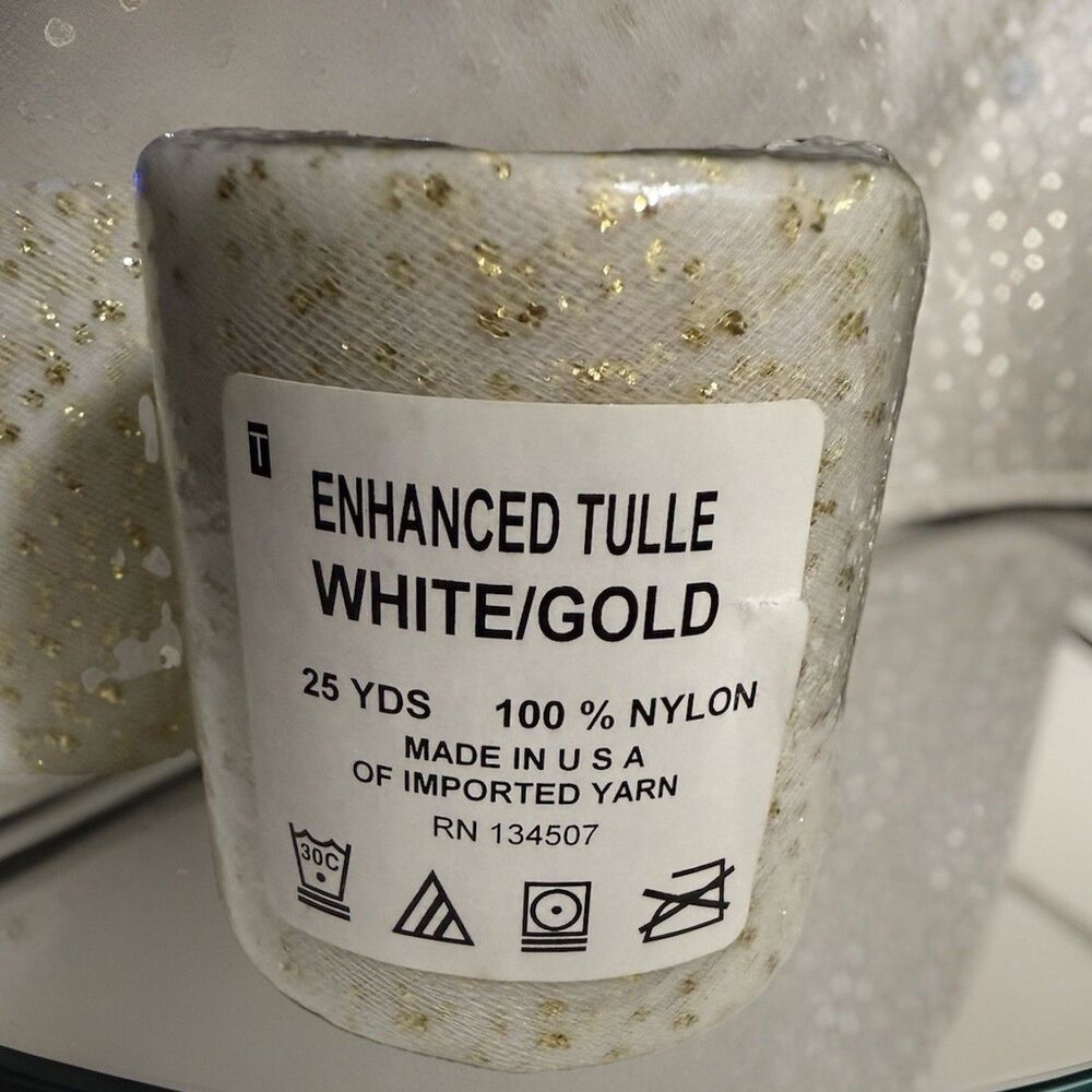 3 Inch White Mesh Ribbon with Gold Glitter Enhancements - 25 Yards Per Roll